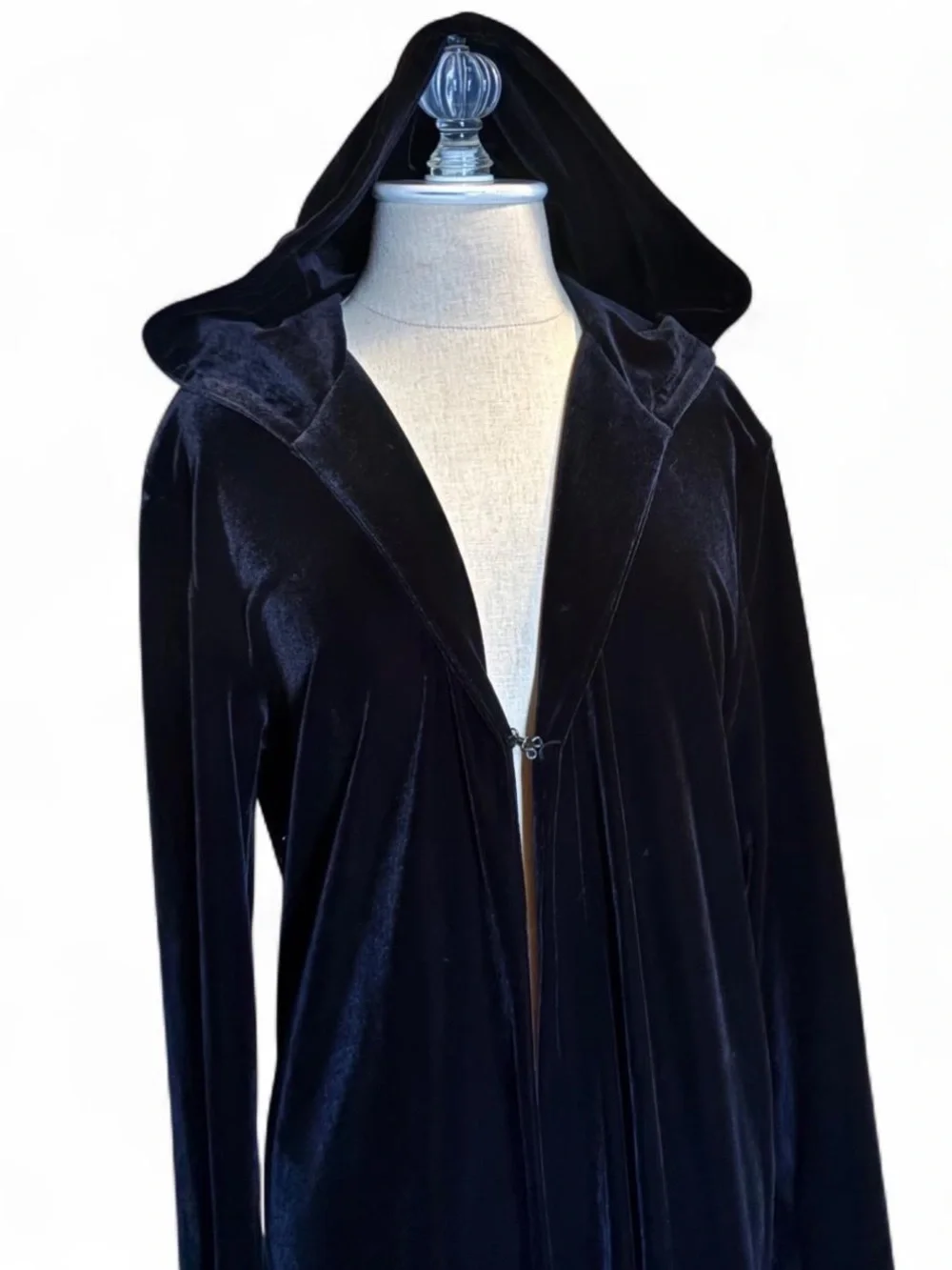 Vintage witchy black velvet full length hooded long sleeve maxi cardigan